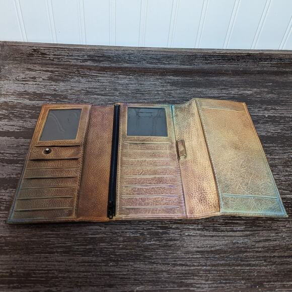 Anuschka Painted Multi color Multicompartment Leather Tri Fold Long Wallet - Picture 4 of 4